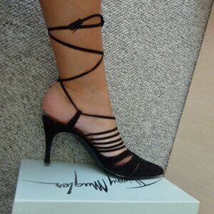 THIERRY MUGLER Black suede Heels Tie around ankle pumps shoes VINTAGE Sz 9 39